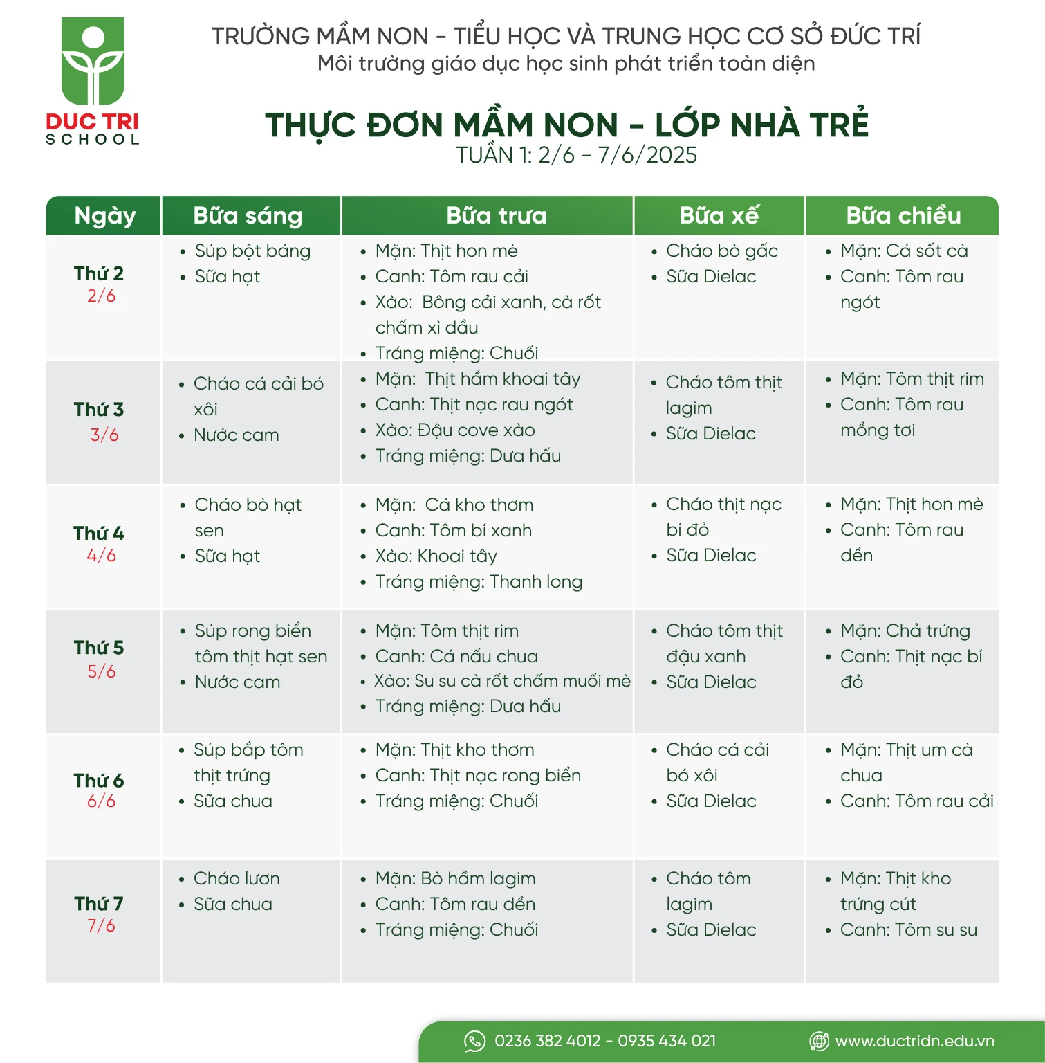 Thực đơn nhà trẻ tuần 1 tháng 6