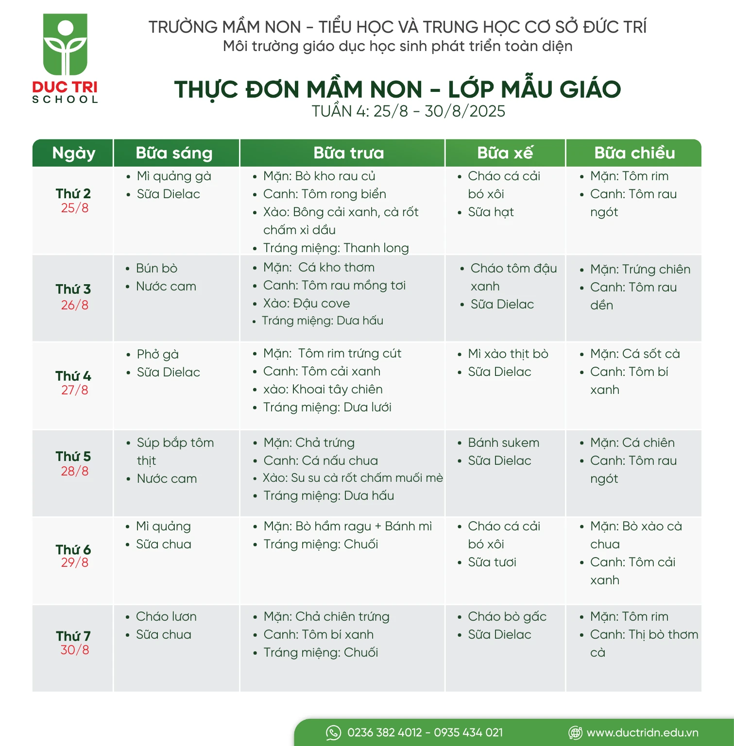Thực đơn lớp mẫu giáo 4-8