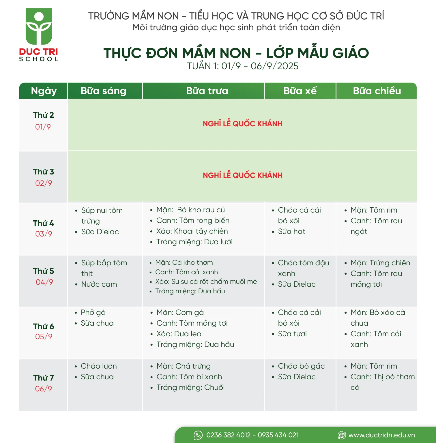 Thực đơn lớp mẫu giáo tuần 1, ngày 3 tháng 9 năm 2025