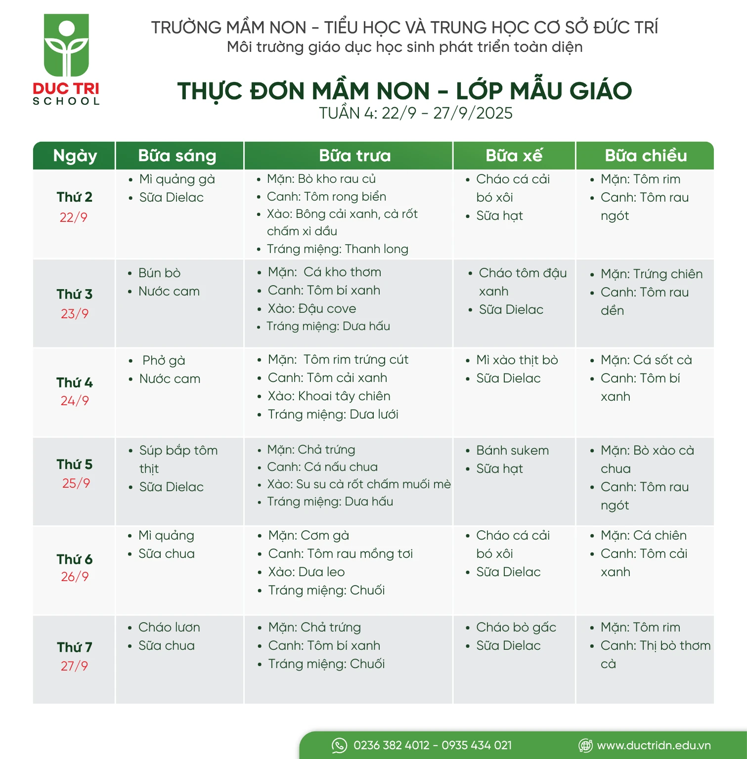 Thực đơn mầm non tuần 4