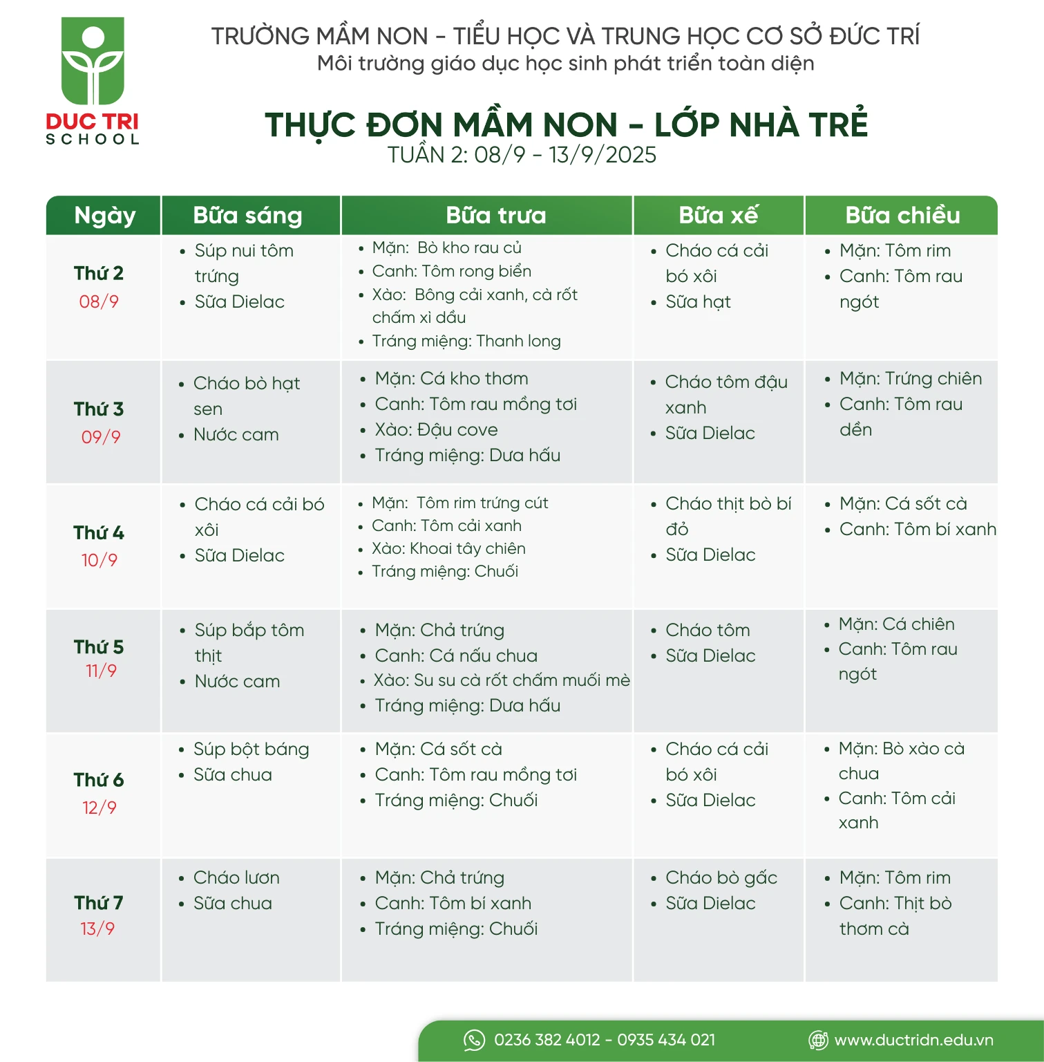 Thực đơn học sinh lớp Nhà trẻ