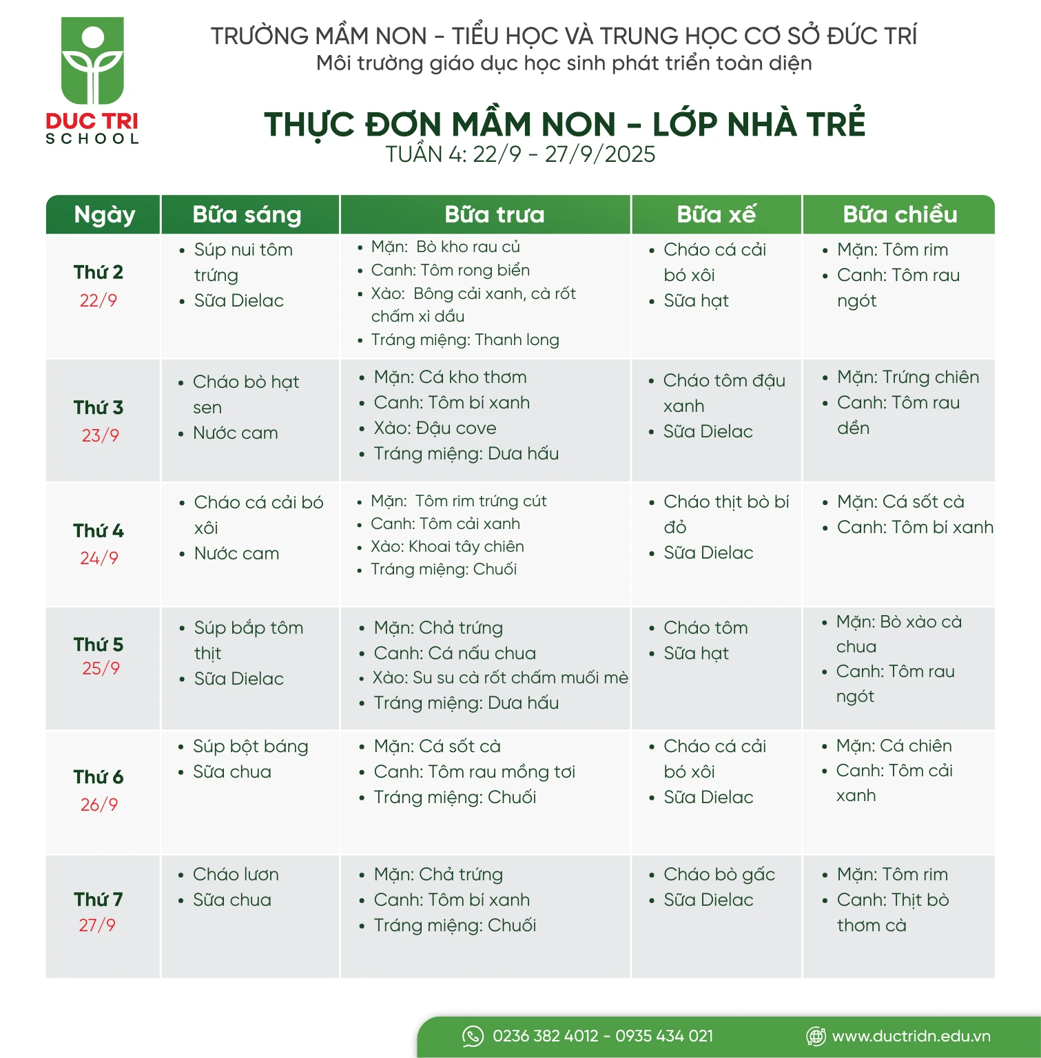 Thực đơn nhà trẻ tuần 4