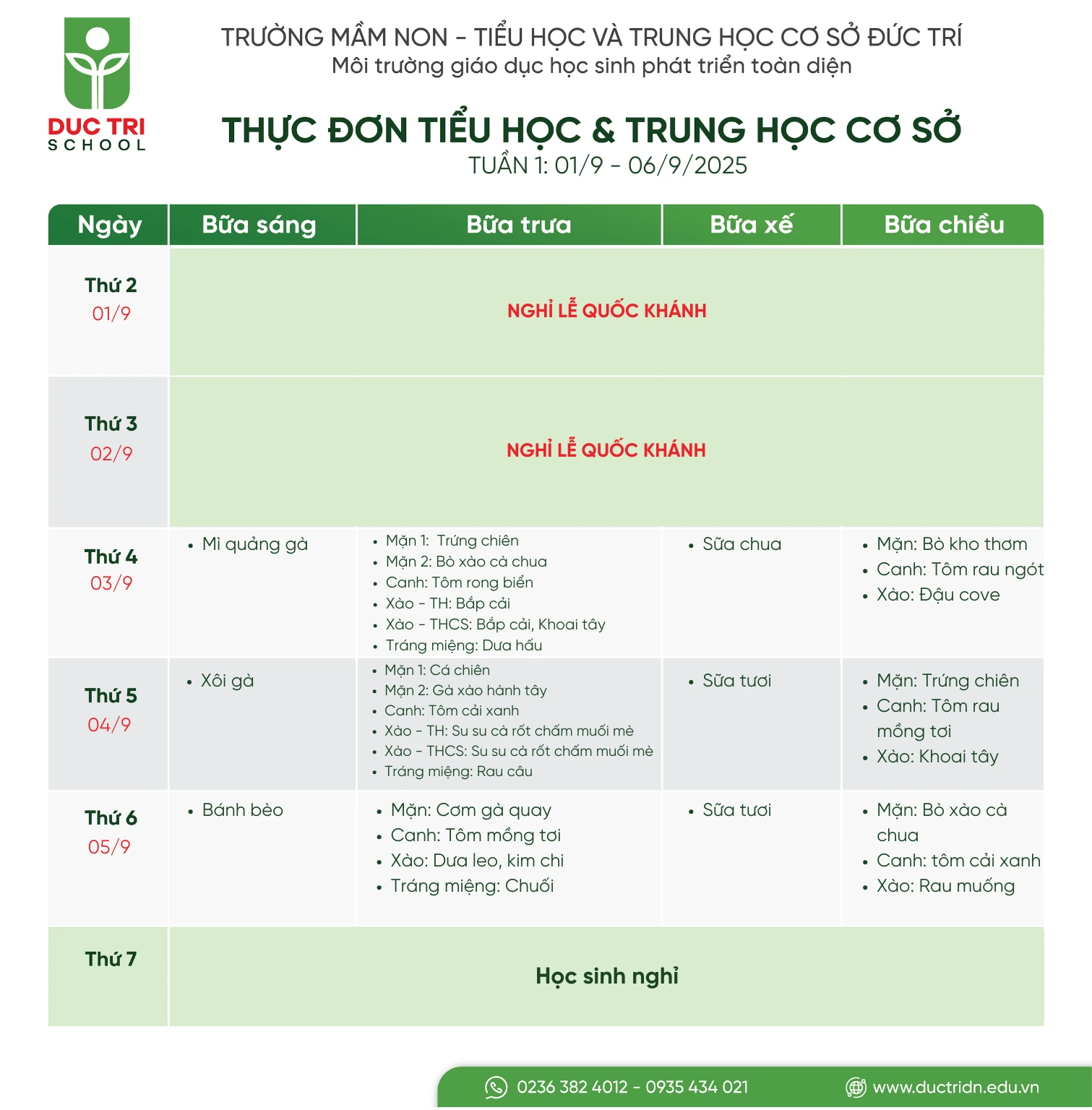 Thực đơn lớp tiểu học tuần 1, ngày 3/9/2025