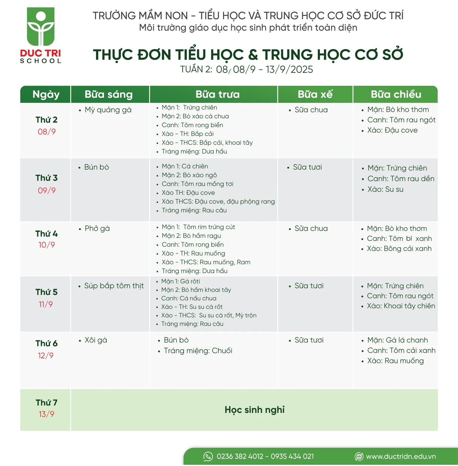 Thực đơn bán trú Tiểu học - Trung học cơ sở