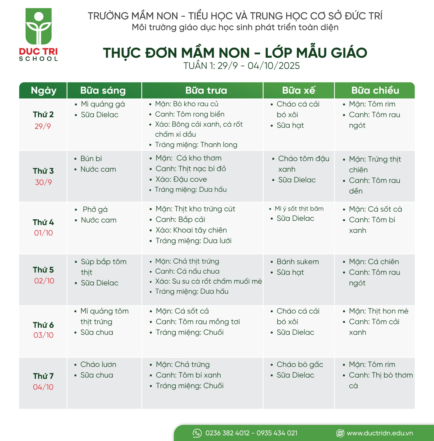 Thực đơn Mầm non tuần 1 tháng 10