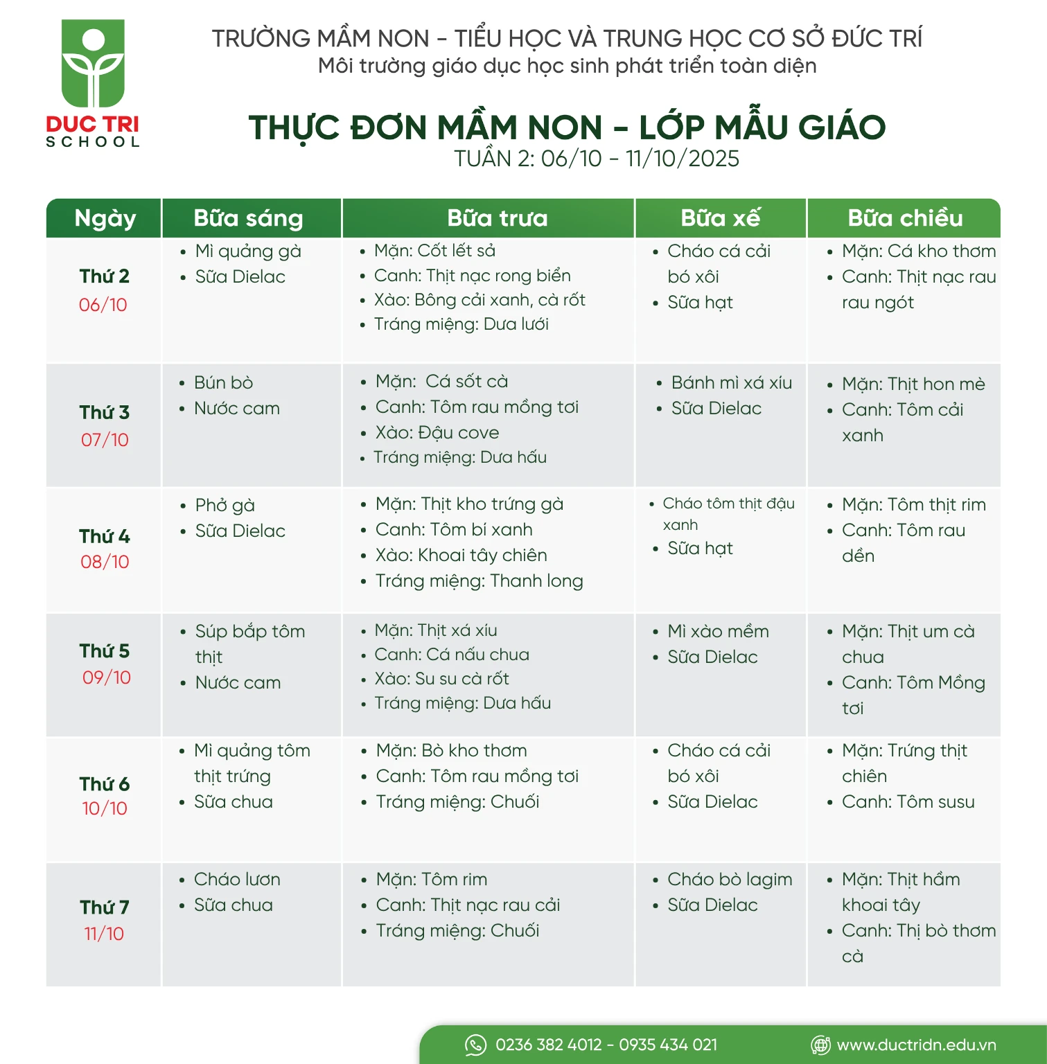 Thực đơn mầm non tuần 2 tháng 10