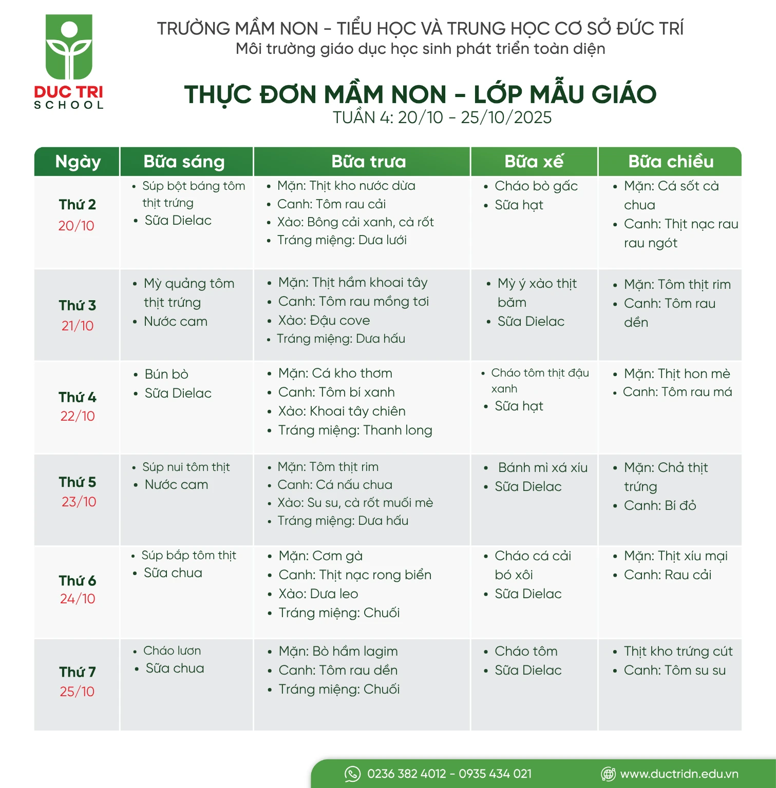 Thực đơn bán trú trường Đức Trí tuần 4 tháng 10 lớp Mẫu giáo