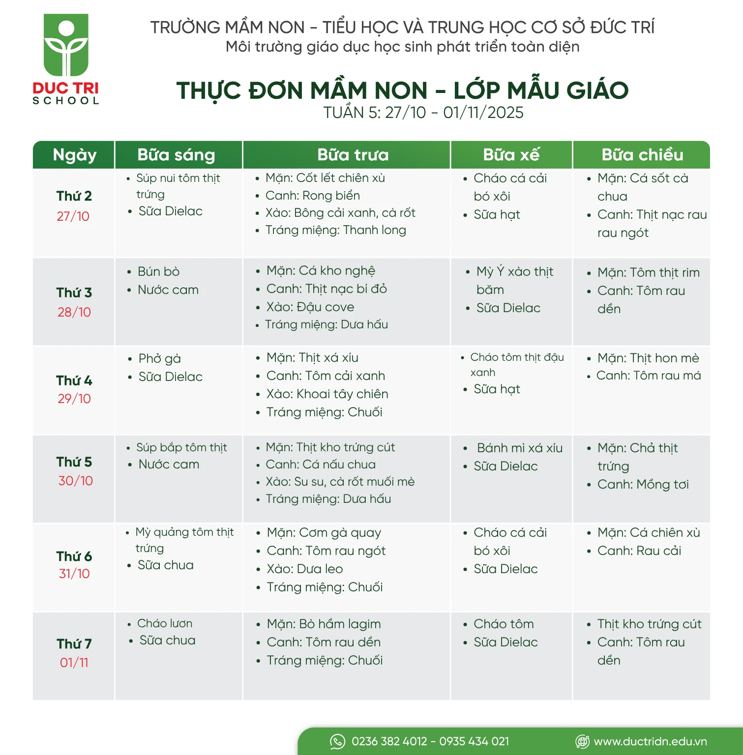 Thực đơn Mầm non tuần 5 tháng 10