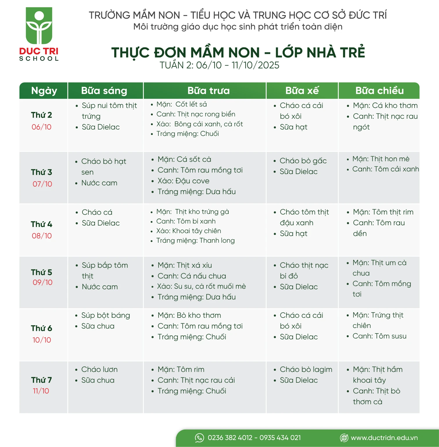 Thực đơn nhà trẻ tuần 2 tháng 10