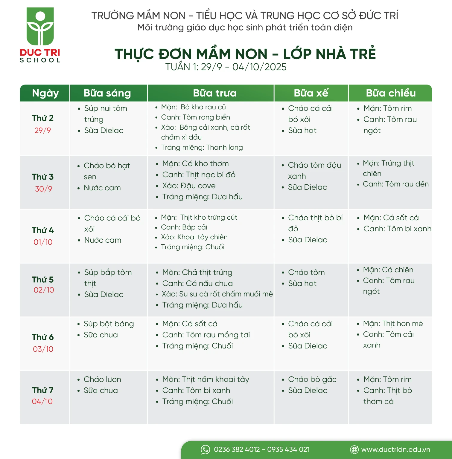 Thực đơn nhà trẻ tuần 1