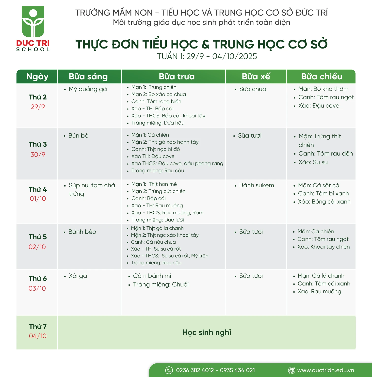 Thực đơn Tiểu học - Trung học cơ sở tuần 1