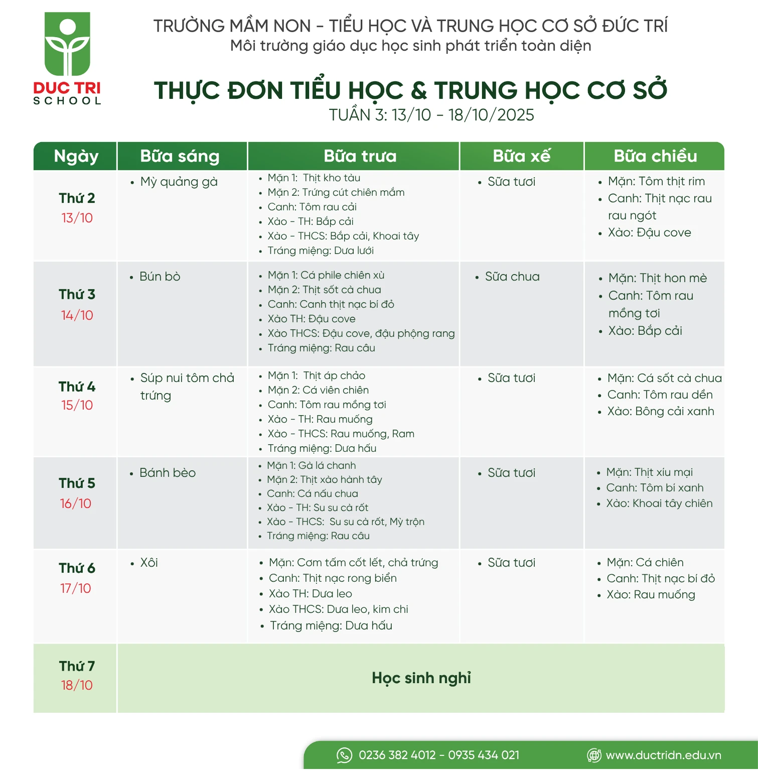 Thực đơn Tiểu học tuần 3 tháng 10 năm 2025
