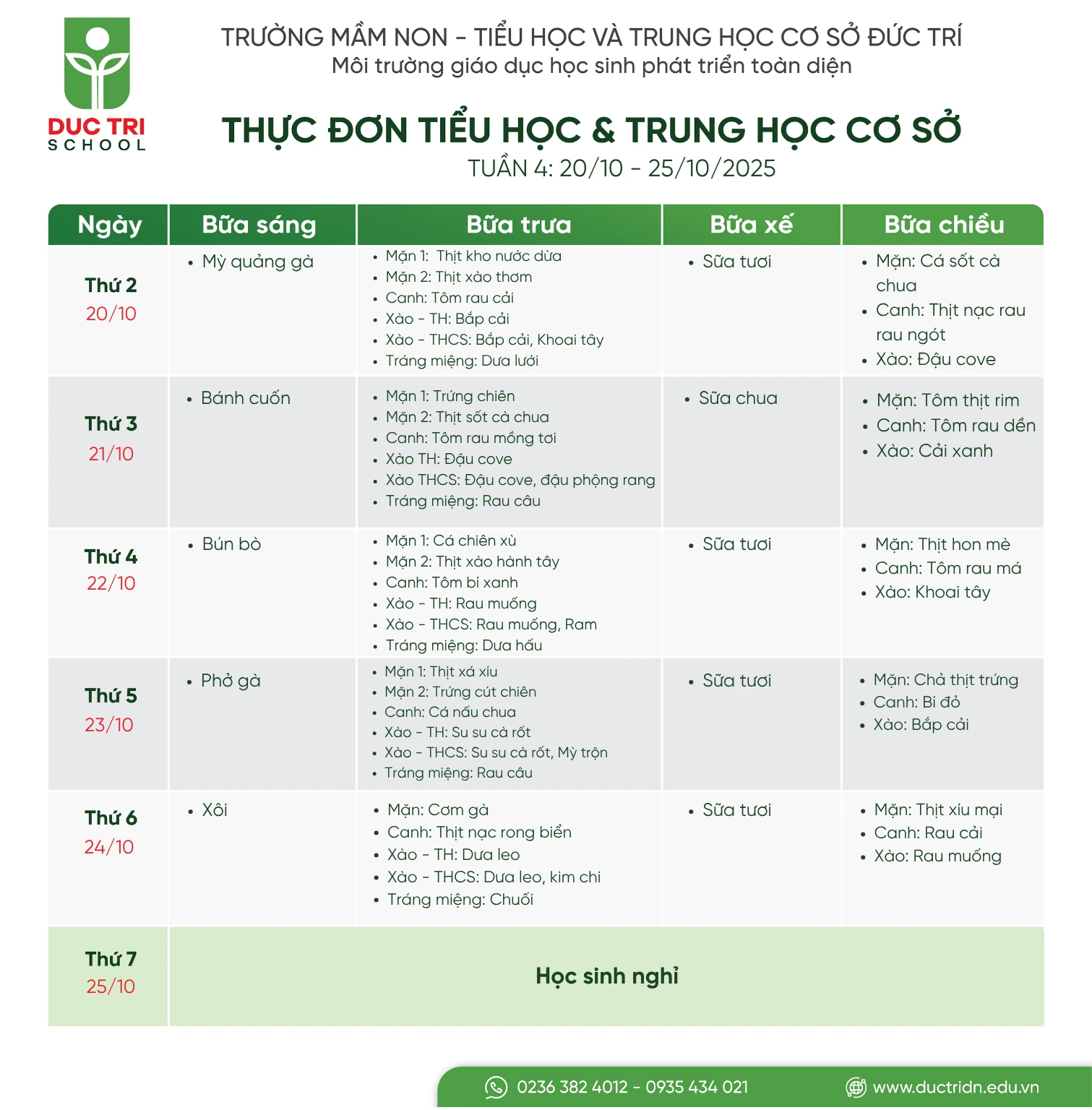 Thực đơn bán trú trường Đức Trí tuần 4 tháng 10 hệ Tiểu học - Trung học cơ sở