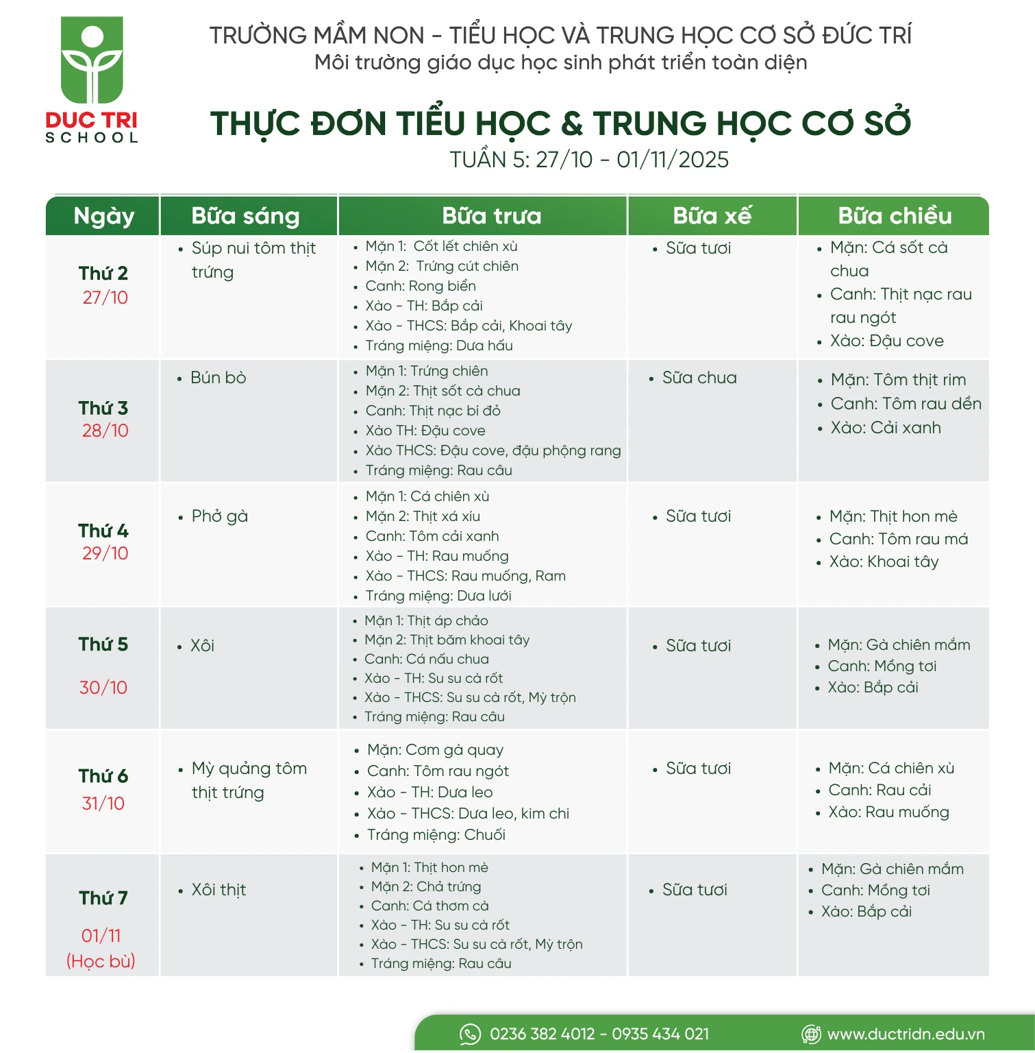 Thực đơn tuần 5 tháng 10